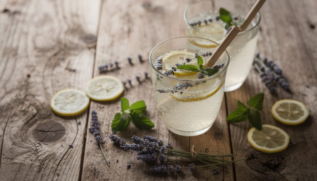Akwarela dwóch szklanek lemoniady z syropu melisowo-lawendowego z cytryną
